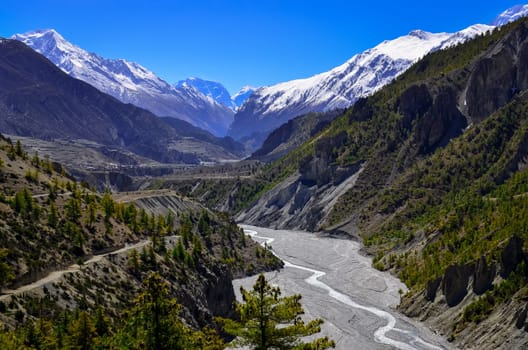 Himalayas mountain river valley with peaks in background, Nepal