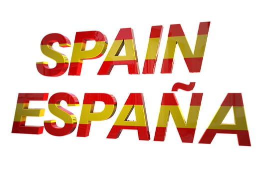 Spain 3d text with their flag colors isolated on white with clipping path