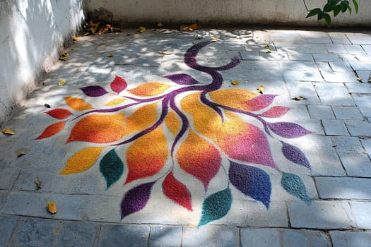 Indian rangoli color art on asphalt. Image of flowers laid out with colored sand.