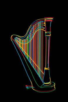Decorated harp sketch in colors over black
