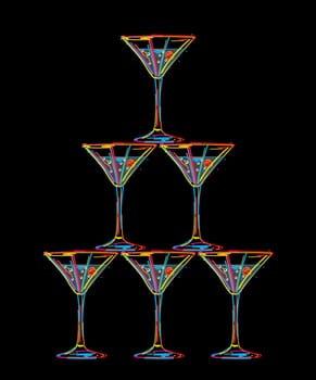 Tower of champagne glasses, isolated objects on black background