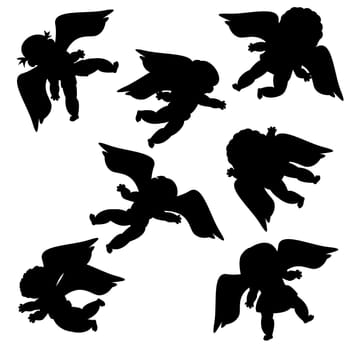 Flying angels silhouettes against white background