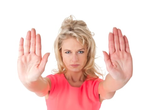 young woman shows stop