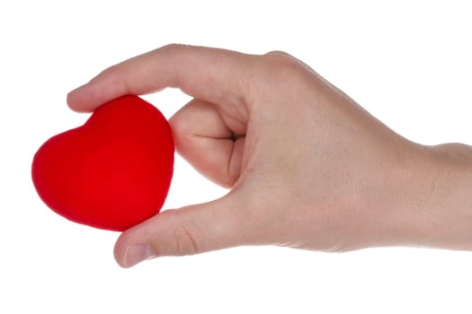 Hand giving red heart, isolated on white background