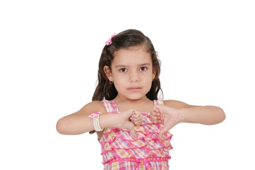 Pretty little girl hand gesturing thumb down failure sign