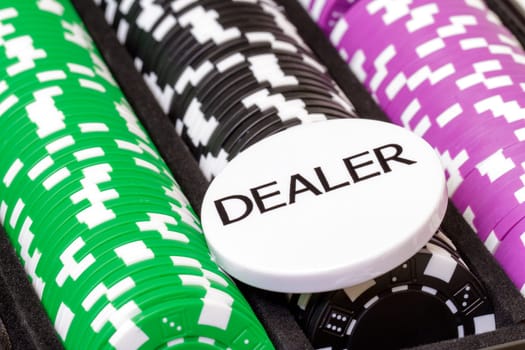 Set of poker chips and dealer button, closeup