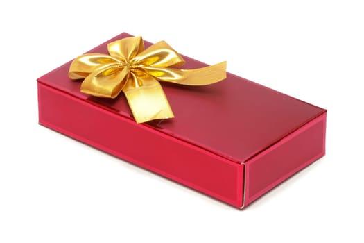 Red gift box decorated with golden bow