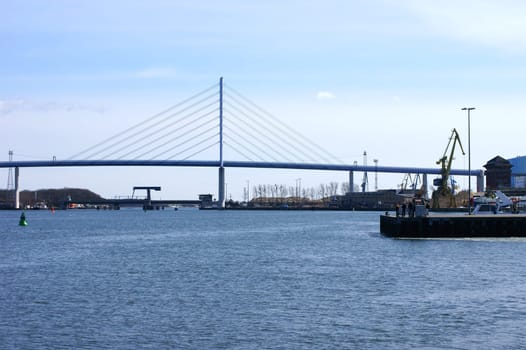 Stralsund,Mecklenburg Western Pomerania/Germany – April 06: The port of Stralsund with the Strelasund Bridge on 06 April 2013 in Stralsund.