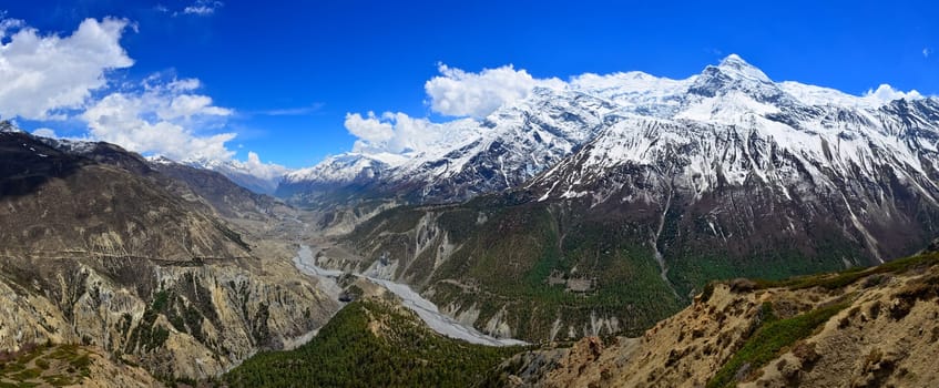 Himalayas mountains river valley panorama in Annapurna range, Nepal