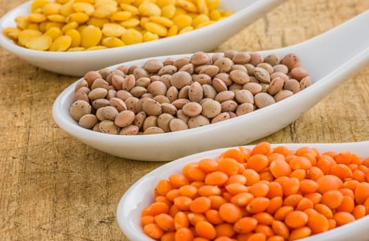 Different types of lentils on porcelain spoons