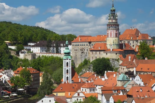 The view of the town and castle of Cesky Krumlov in the summer. UNESCO heritage.  Horizontally.