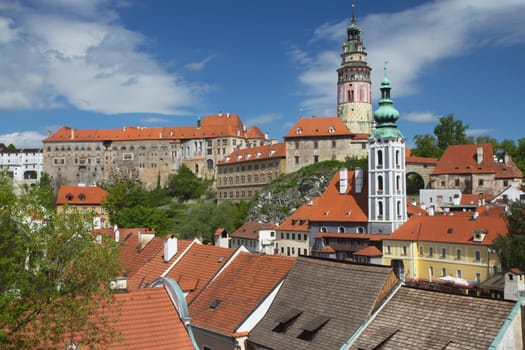 The view of the town and castle of Cesky Krumlov in the summer. UNESCO heritage.  Horizontally.