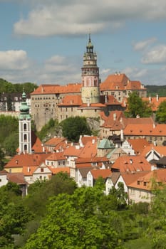 The view of the town and castle of Cesky Krumlov in the summer. UNESCO heritage.  Vertically.