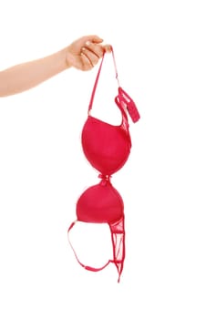 A woman's hand holding a red bra for white background.