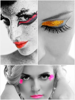 Fashion Beauty collage. Beautiful Woman With hairsyle  and Luxury Makeup isolated on white background in studio. Beautiful Girl Face