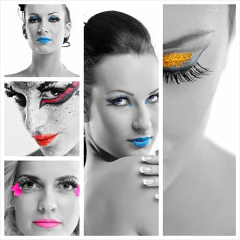 Fashion Beauty collage. Beautiful Woman With hairsyle  and Luxury Makeup isolated on white background in studio. Beautiful Girl Face