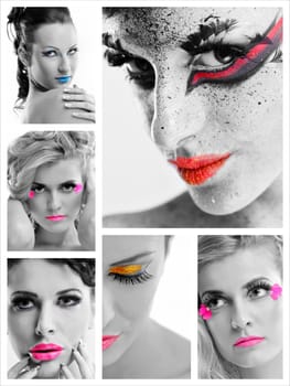 Fashion Beauty collage. Beautiful Woman With hairsyle  and Luxury Makeup isolated on white background in studio. Beautiful Girl Face