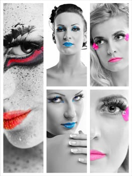 Fashion Beauty collage. Beautiful Woman With hairsyle  and Luxury Makeup isolated on white background in studio. Beautiful Girl Face
