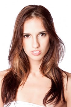 Beautiful face of young woman with natural makeup showing white teeth, skincare concept, isolated.