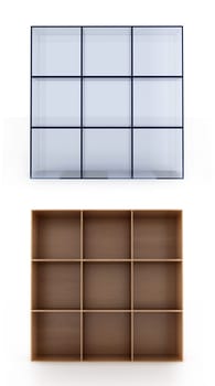 3D shelves on white background. Glass and wood material