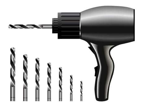 Realistic power drills on white background