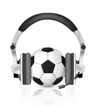 soccer concept, ball in headphones, as commentator on white background