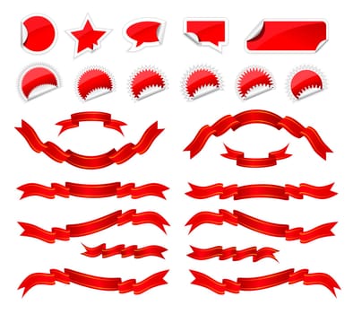 Red stickers and ribbons set on white background