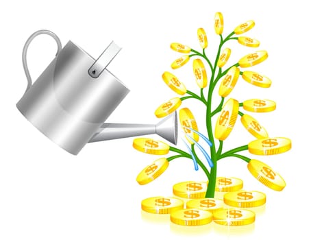 Money tree with watering can illustration on white background