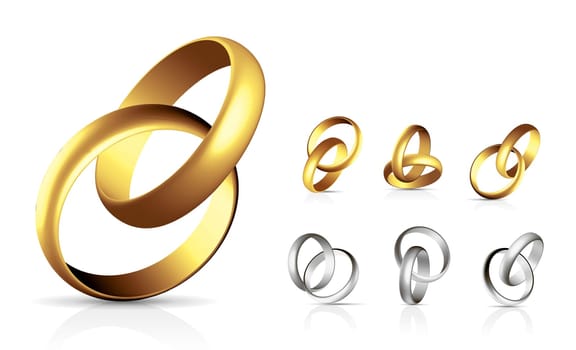 Wedding rings collection isolated on white background with shadow and reflection