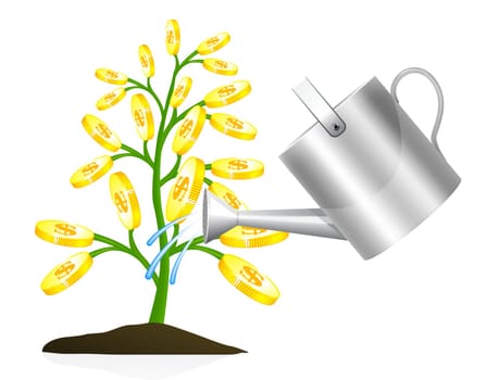 Money tree with watering can illustration on white background