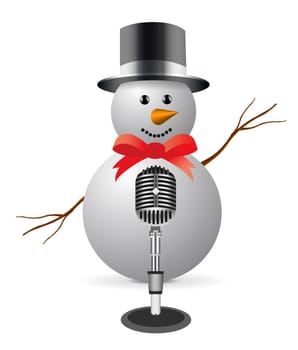 Snowman with microphone. Isolated on white background.