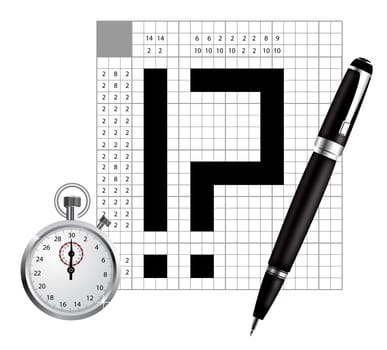 A blank of japan crossword with pen and stopwatch