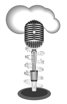 Antique microphone with music note on white