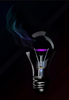 Broken light bulb with smoke on black background .