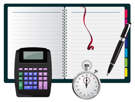 note with calculator, pen and stopwatch
