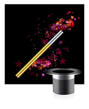 Beautiful magic background with wand and hat