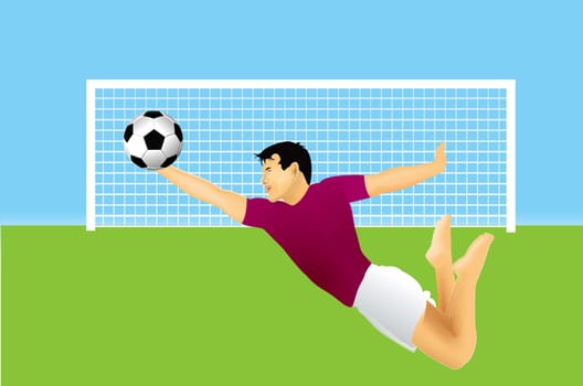 Soccer goalkeeper is jumping on ball.