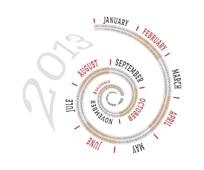 2013 calendar in spiral form with the names of days of the week and holidays