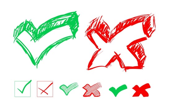 Set of hand-drawn check marks on white. Vector illustration