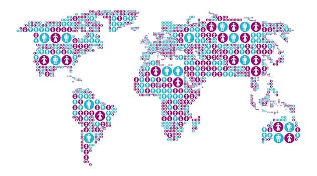 World map with male and female icons. Vector illustration