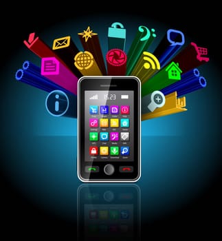 Touchscreen smartphone with applications icon on black