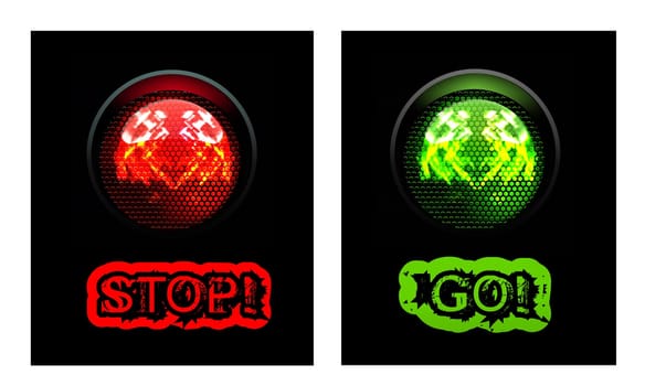 Red and green traffic light, isolated on black background. Vector illustration