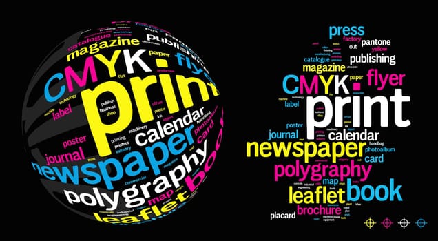 Printing Word Cloud vector concept illustration on black