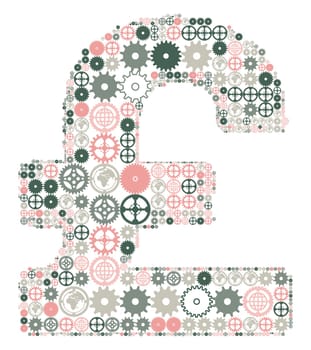 British pound sign on a white background, made of colored gears. Vector illustration