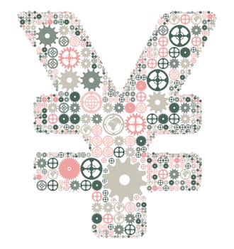 Japanese yen sign on a white background, made of colored gears. Vector illustration
