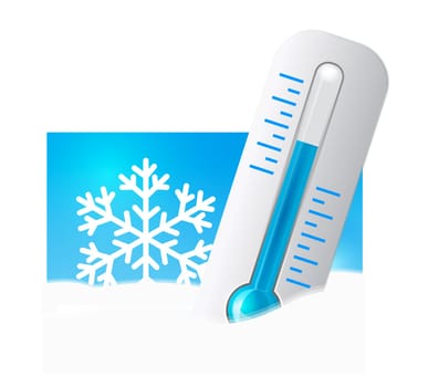 Thermometer in the snow with snowflakes in the background. Vector illustration