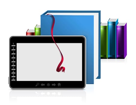 E-book reader with stack of books on white. Vector illustration