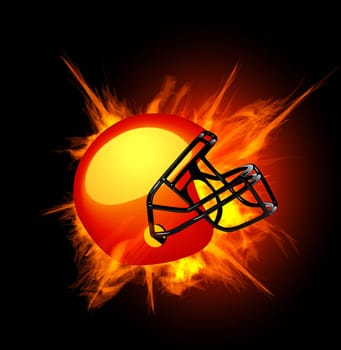 American football helmet in fire isolated on dark background
