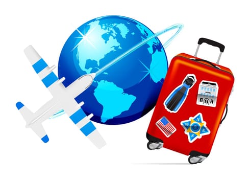 Airplane Travel with Suitcase and globe on white background. Vector illustration