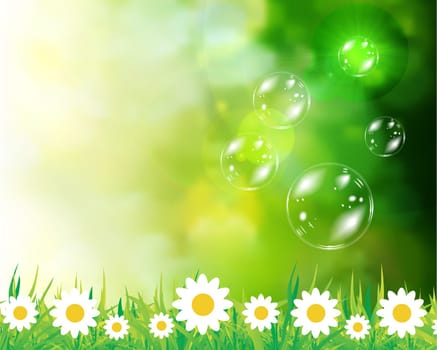 Soap bubbles on green natural background. Vector